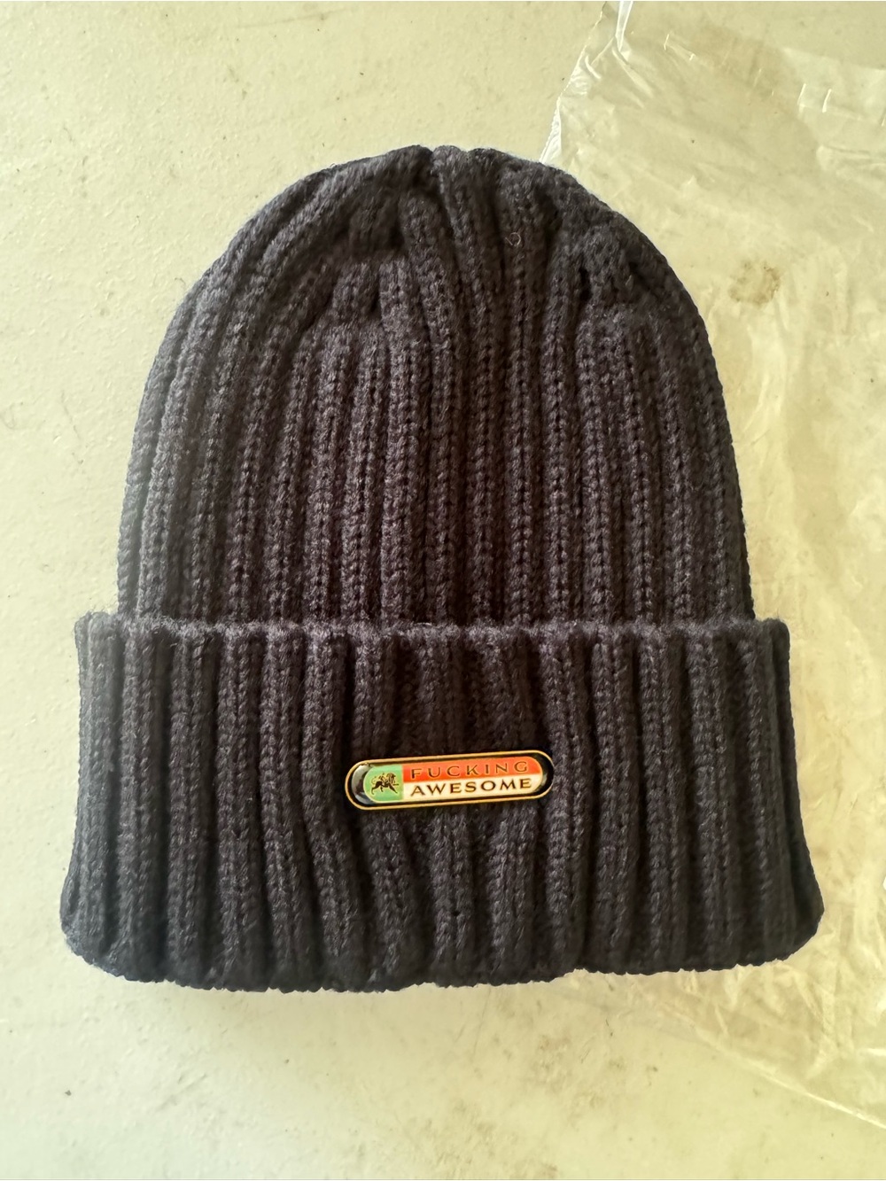 FA Black Ribbed Knit Beanie with 'Awesome' Enamel Patch